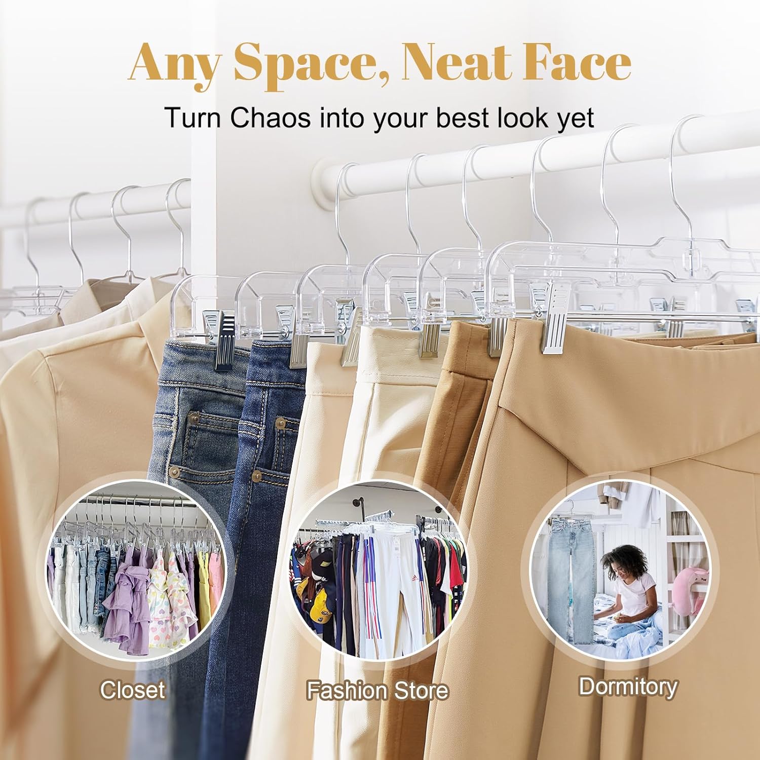 Thumbnail 6 de HOUSE DAY 12 Pack 14-inch Clear Plastic Skirt & Pants Hangers with Adjustable Clips (360° Swivel Hook)
