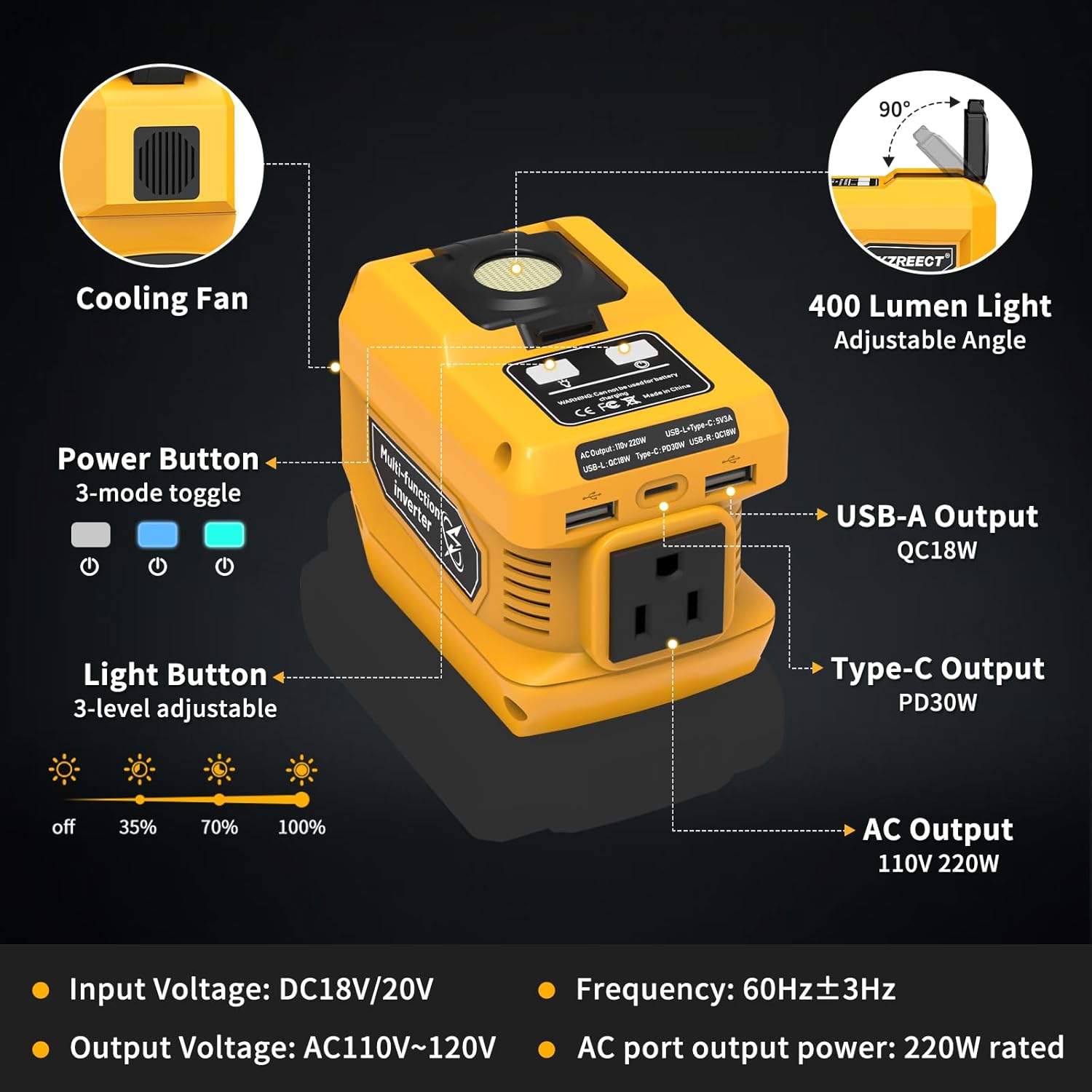 Detalle 2 de Kzreect 220W Power Inverter for DeWalt 20V/18V Batteries