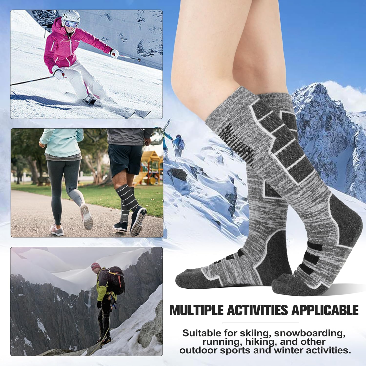 Detalle de Anlisim 3 Pairs Merino Wool Ski Socks, Knee-High with Cushioning and Arch Support