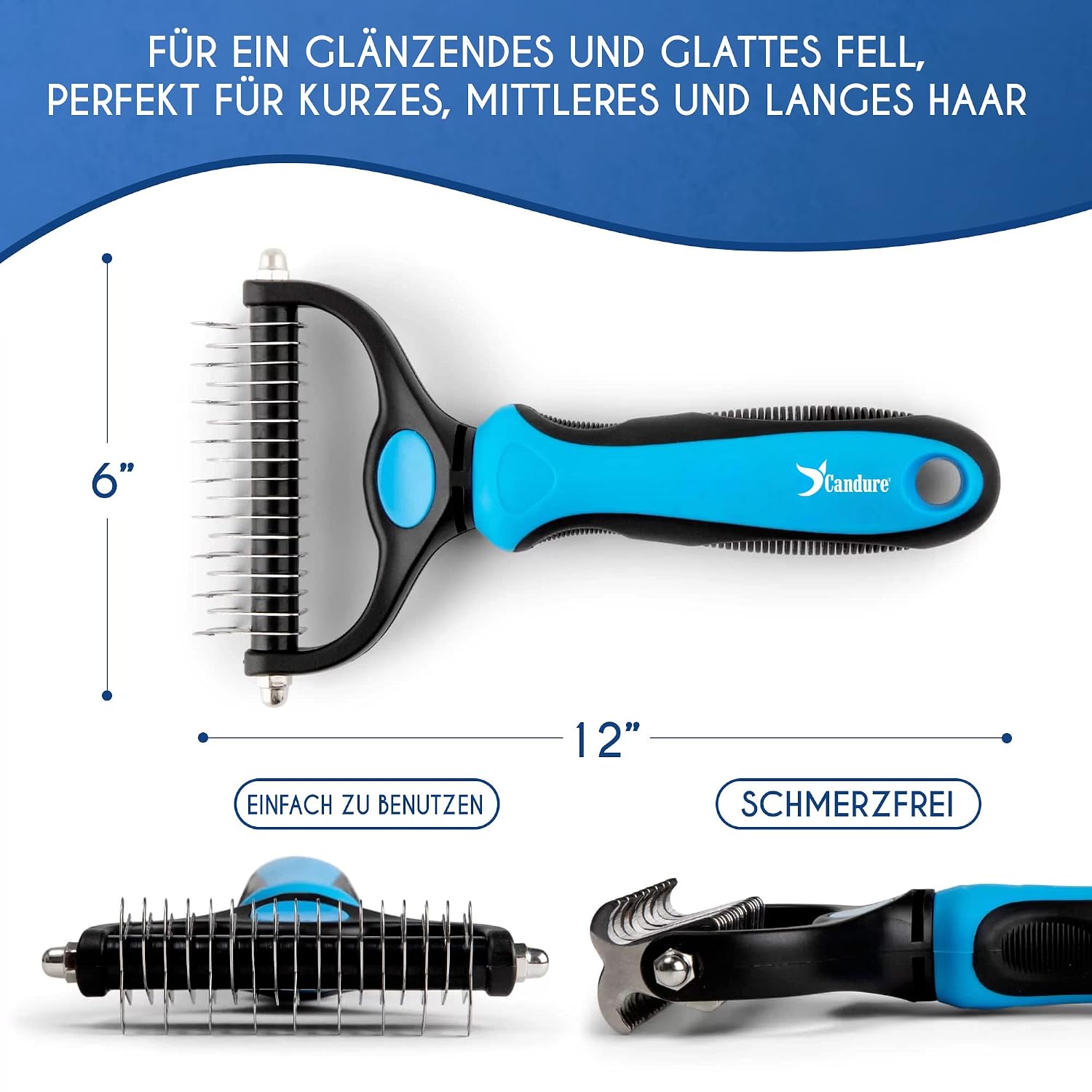 Detalle de Candure Professionelle Hunde- und Katzenbürste – Doppel-Seitenkamm für langes Fell, 9 + 17 Zähne, blau