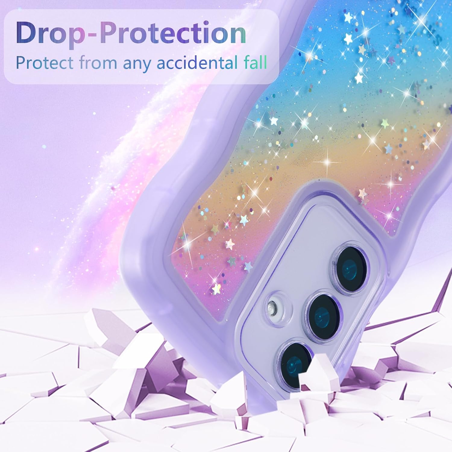 Thumbnail 3 de ZTOFERA Galaxy A15 4G/5G Case (6.5") — Curly Wave TPU Cover with Rainbow Star Glitter, Clear TPU Shockproof Phone Protection