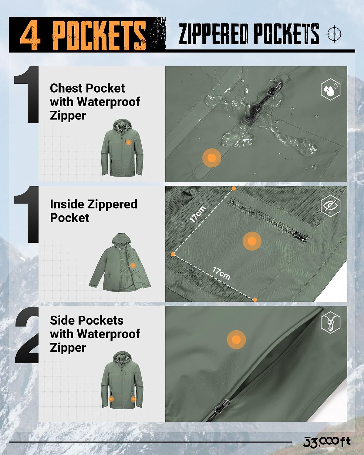 Thumbnail 4 de 33,000ft Men's Packable Rain Jacket, Waterproof, Breathable, Mesh Lined