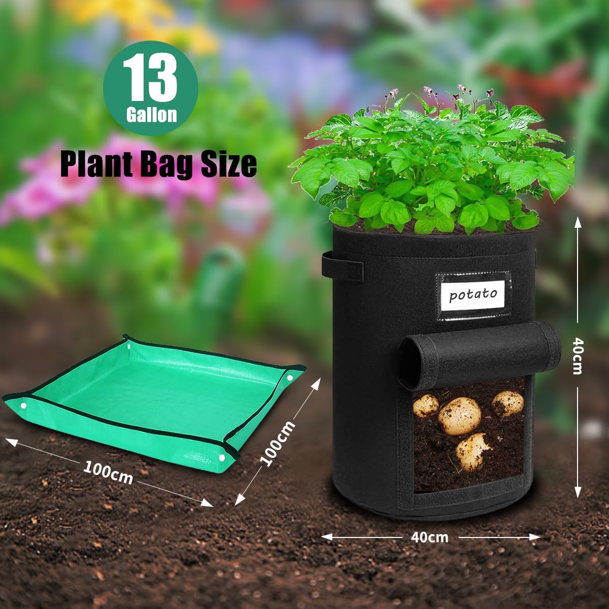 Detalle 2 de Airminti Kartoffel Pflanzsack 50L im 3er Set – Premium Vliesstoff mit Erntefenster, Pflanzmatte & verstärkten Griffen