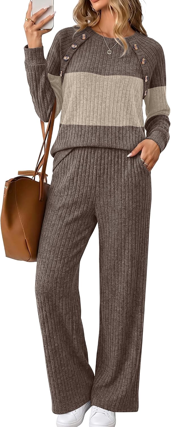 Detalle de WIHOLL Women's Ribbed Knit Lounge Set with Button-Shoulder Sweater