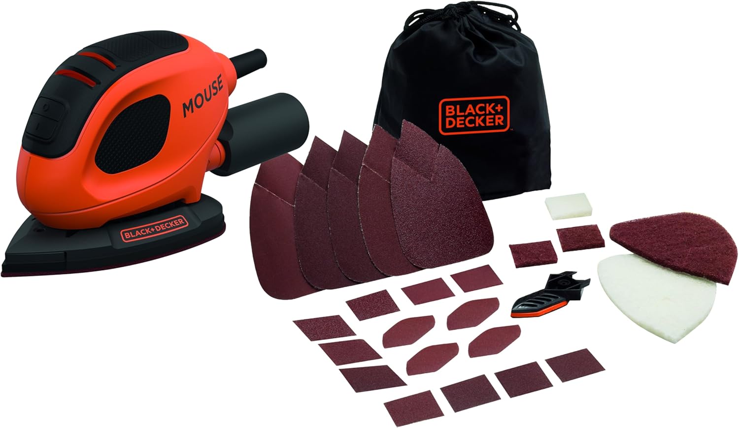 Black+Decker BEW230BC-QS Lijadora de Detalle Mouse 55 W: kit completo con 15 accesorios y bolsa