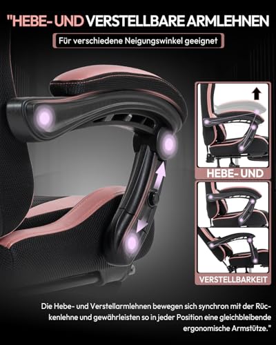 Detalle 2 de Nexthra Gaming Stuhl – ergonomischer Bürostuhl mit höhenverstellbaren Linkage-Armlehnen, Lendenkissen und Fußstütze – Rosa