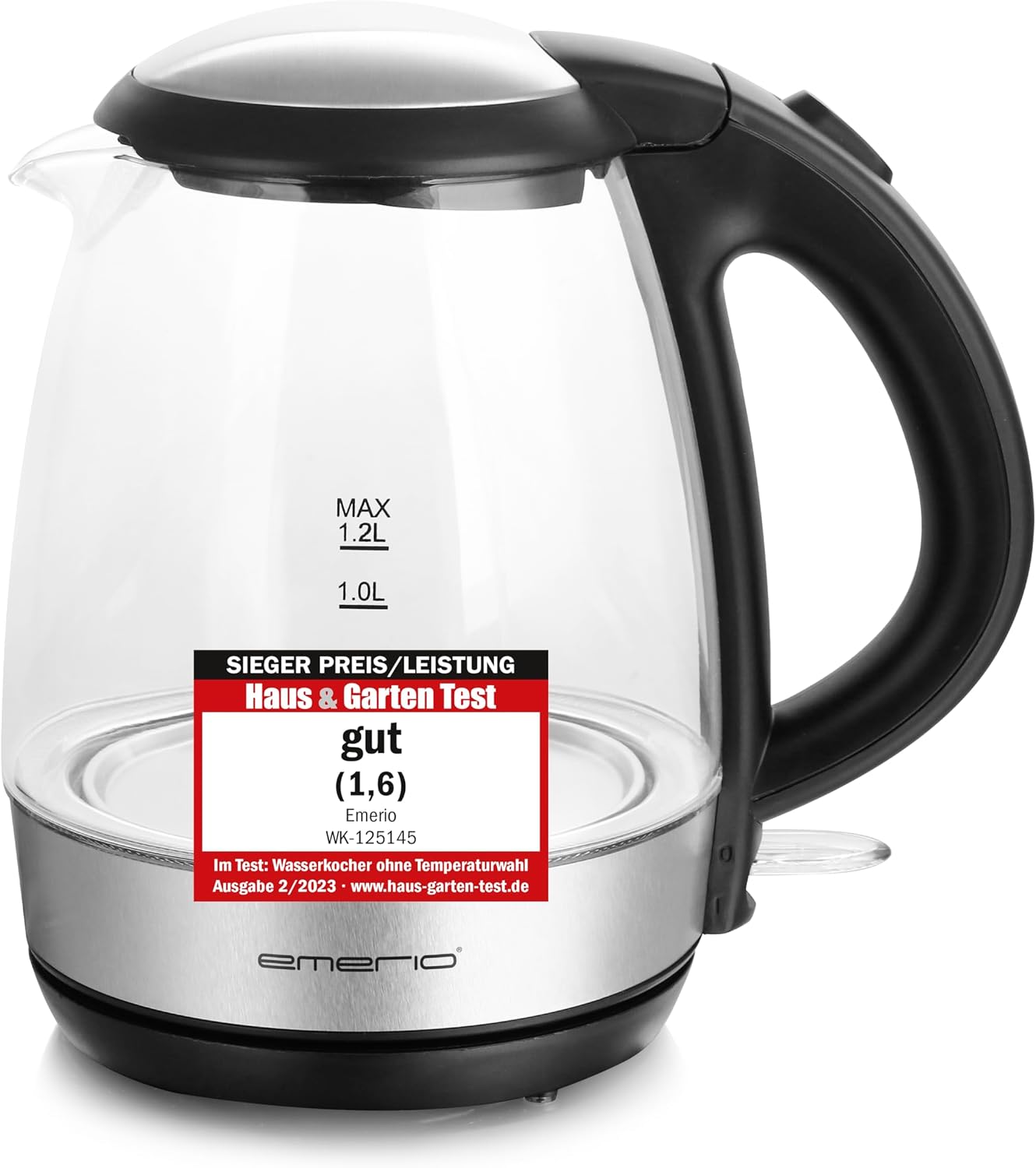 Detalle de EMERIO Glas Wasserkocher 1,7 l – 2200 W, blaue LED-Innenbeleuchtung, 360°-Basis, Auto Off – Preis-Leistung ausgezeichnet