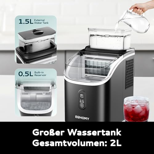 Detalle de EUHOMY Eiswürfelmaschine für die Arbeitsplatte – 15 kg Kapazität, 2 L Wassertank, 16 Eiswürfel in 13 Min