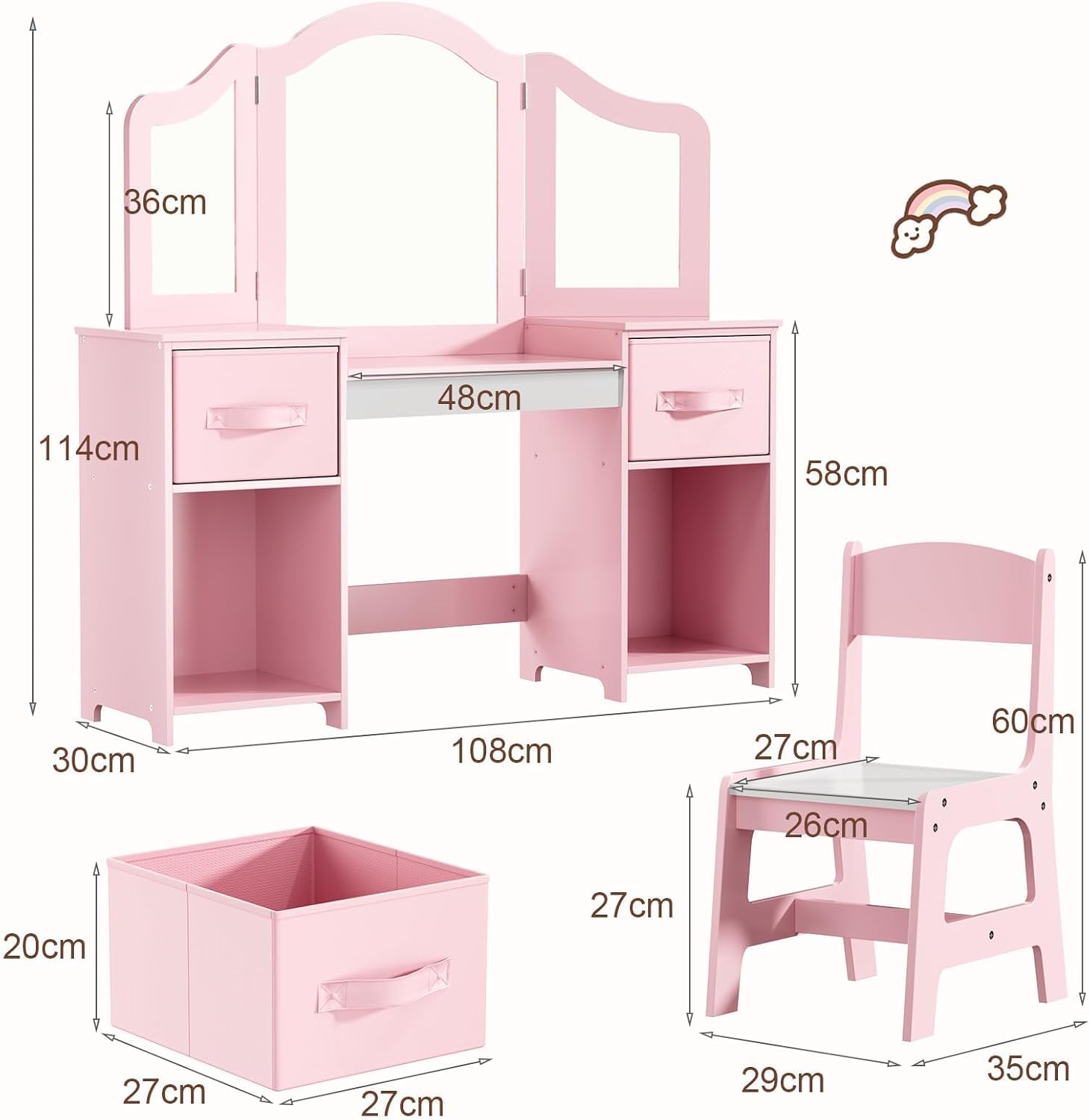 Thumbnail 4 de Clevich Kids Vanity Table and Chair Set — 2-in-1 Pink & White Princess Desk for Girls