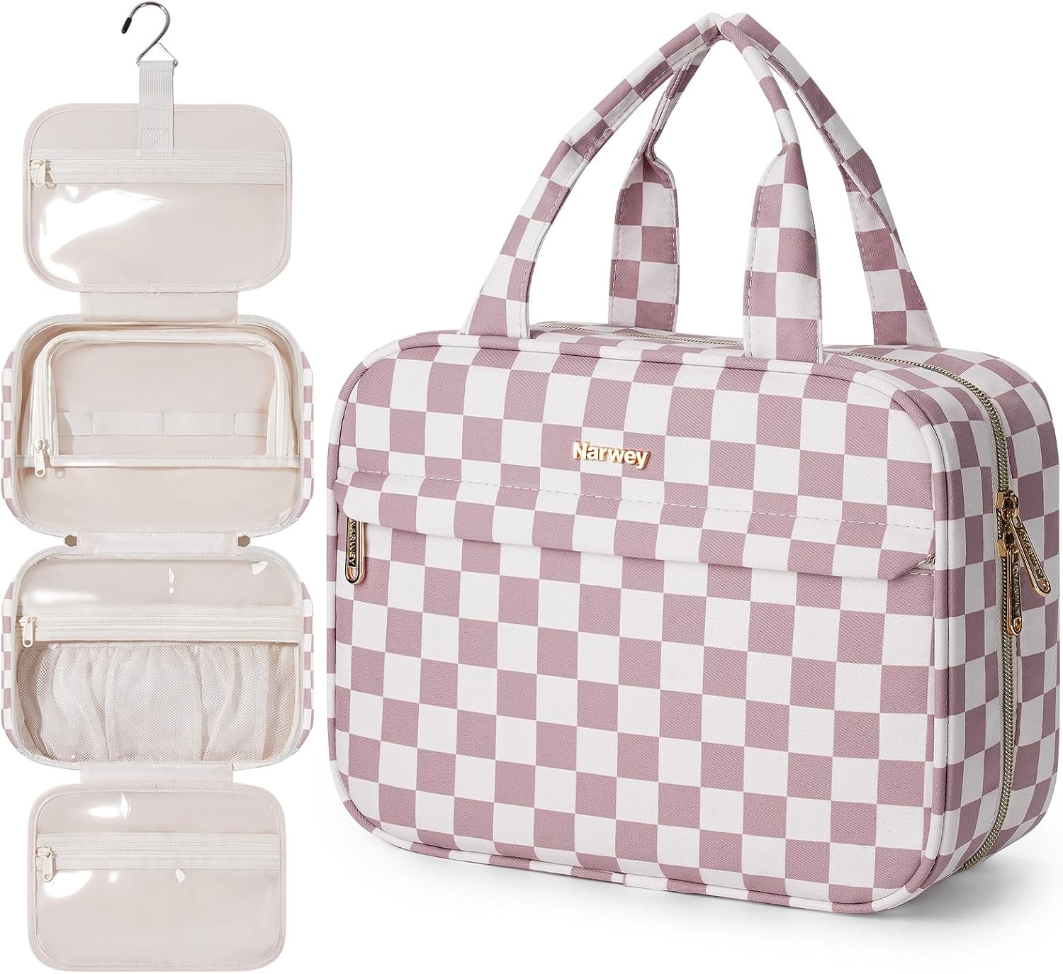Detalle de Narwey Hanging Toiletry Bag (Dusty Pink Checkerboard-M) – Large