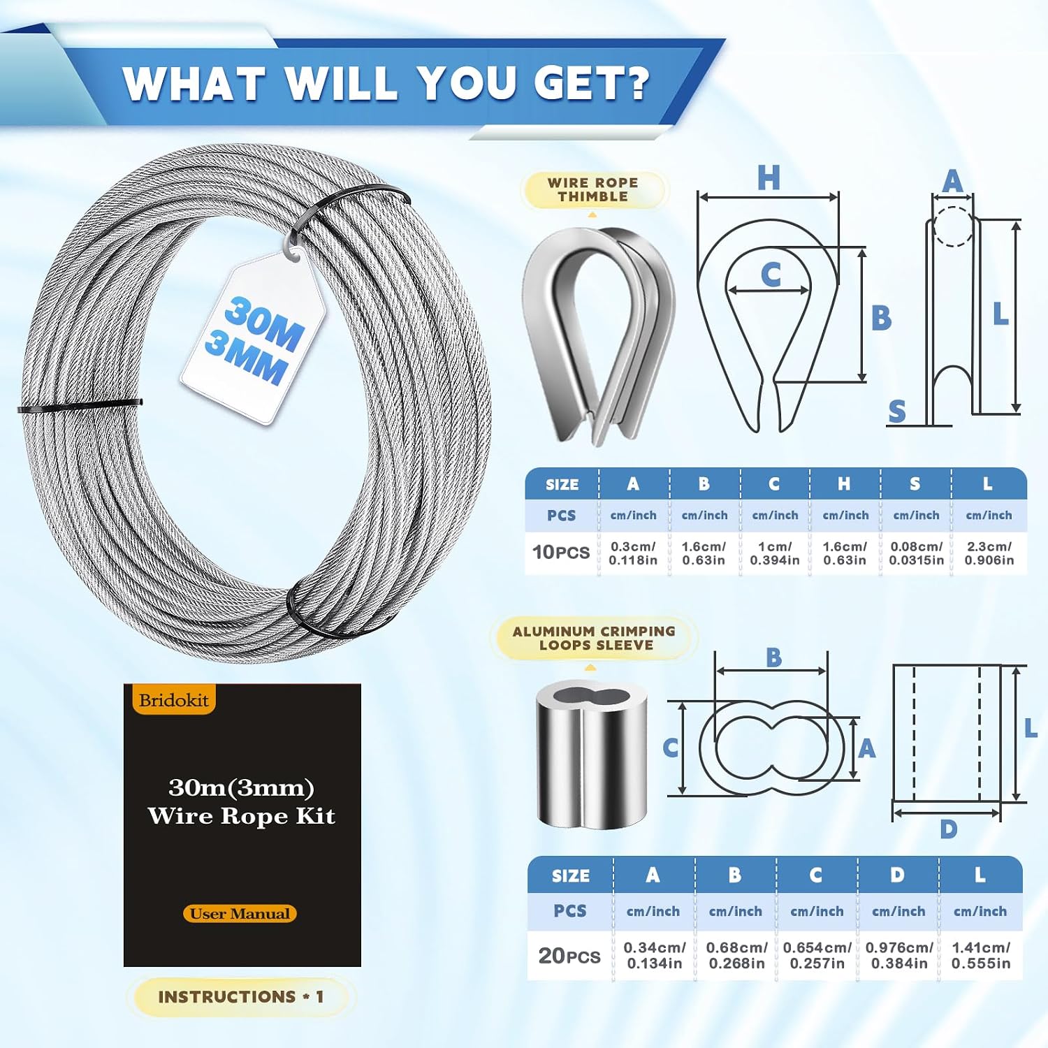 Detalle de Bridokit 3mm PVC Coated Stainless Steel Wire Rope Kit – 30m with 20 Aluminum Crimping Loops and 10 Steel Thimbles