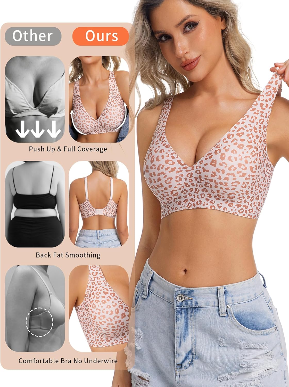 Detalle de HOWIN BH Damen Ohne Bügel – Tiefes V Push-Up, Nahtloser Jelly-BH für große Brüste, Starker Halt
