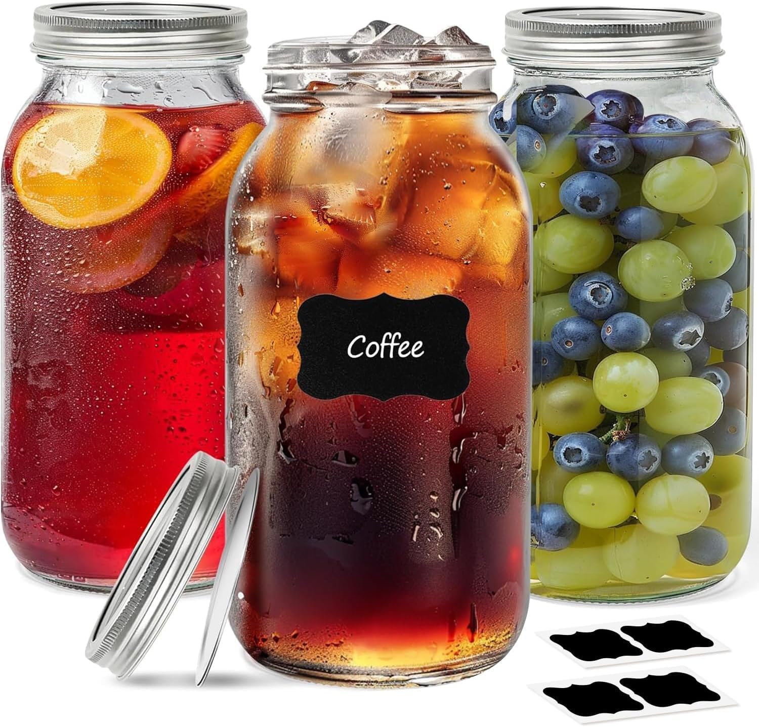 Detalle de ComSaf 64 oz Wide-Mouth Mason Jars, 3-Pack Glass Food Storage Set