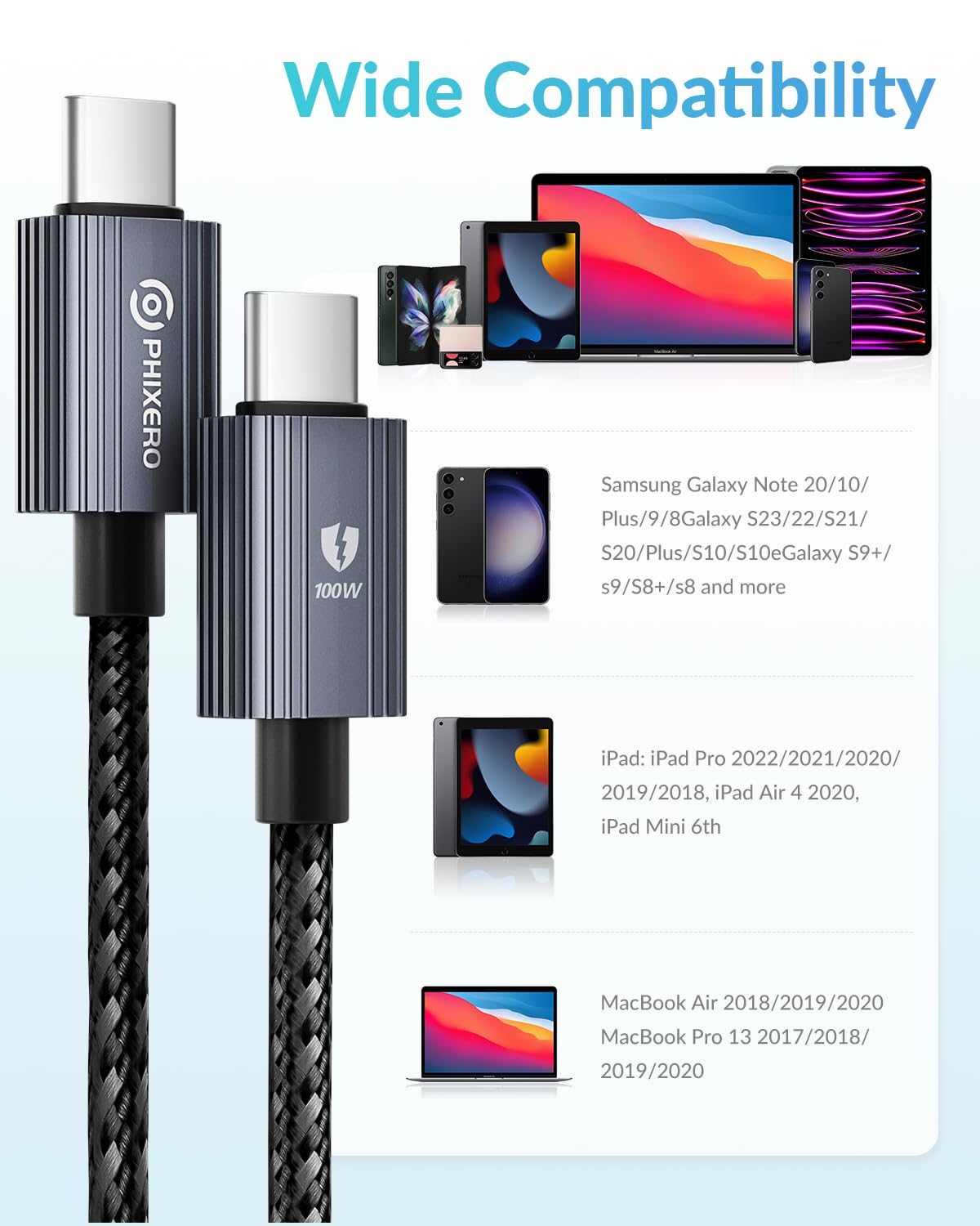 Thumbnail 6 de PHIXERO 100W USB-C-auf-USB-C Kabel 3 m – Nylongeflochtenes PD 3.0 Kabel für MacBook, iPhone 17/16/15, Galaxy S25/S24, Steam Deck