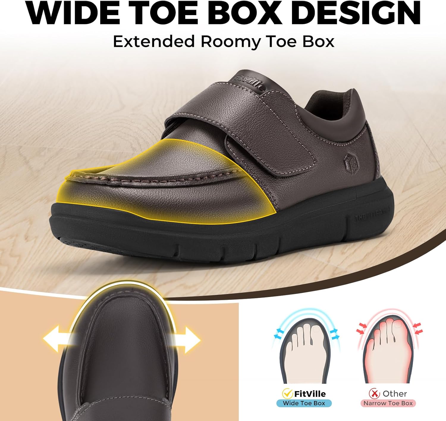 Thumbnail 2 de FitVille Scarpe Uomo Diabetici Pianta Larga Mocassini in Pelle Extra Larghi con Strappo