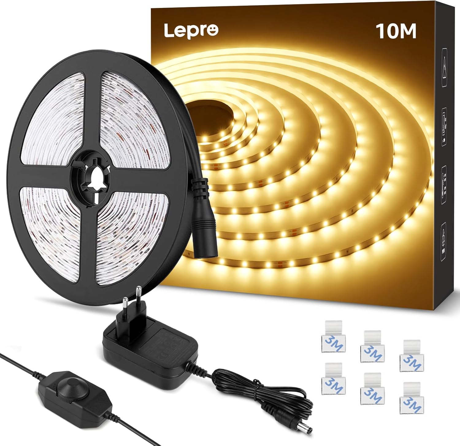 Detalle de Lepro LED Strip 10 m Warmweiß (3000 K) dimmbar, 420 LEDs, selbstklebend inkl. Netzteil