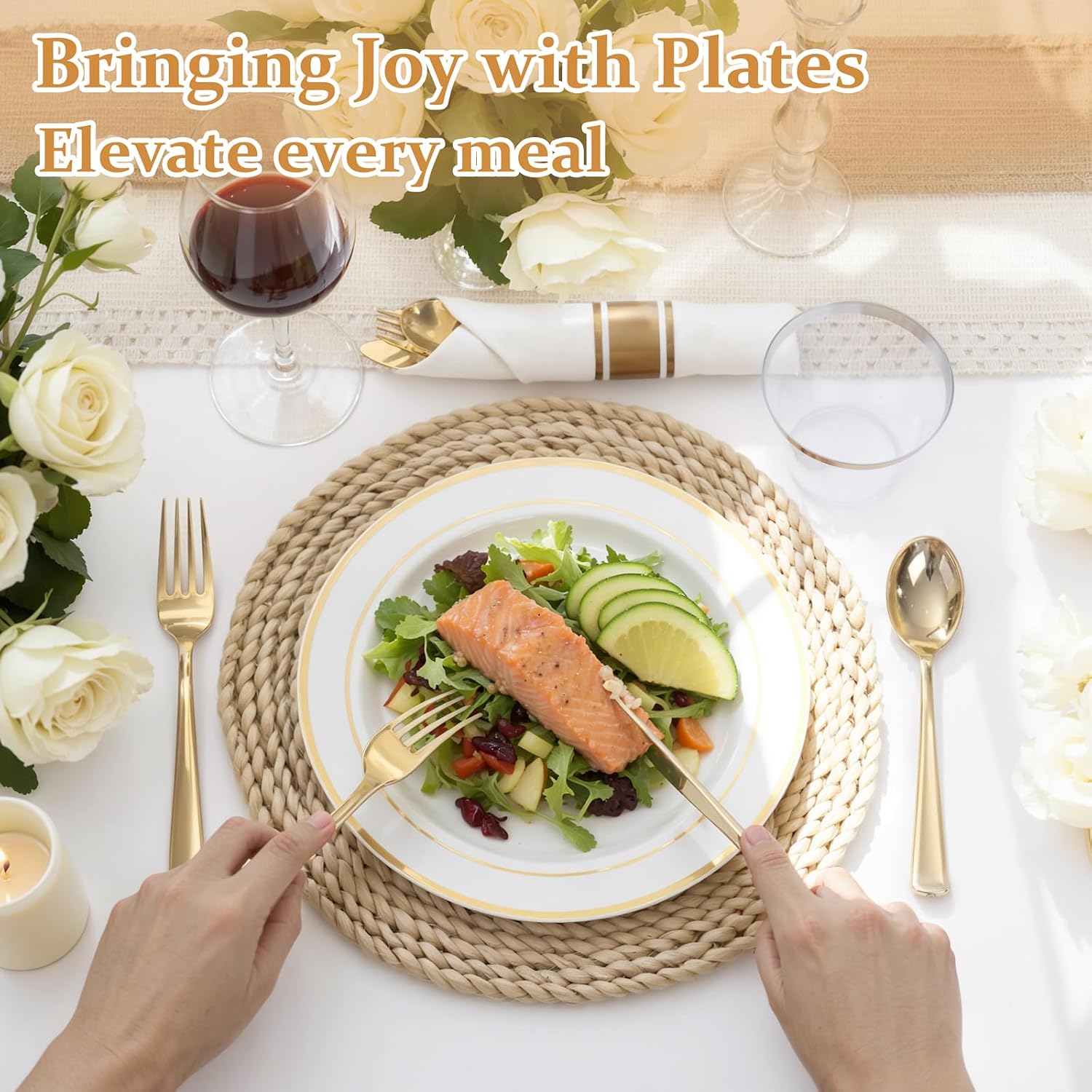 Detalle de WDF Partyware ET 350-Piece White and Gold Plastic Dinnerware Set for 50