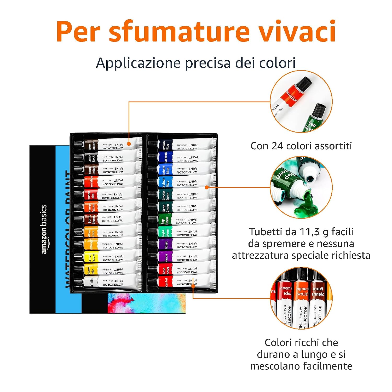Detalle de Amazon Basics tubetti di pittura ad acquerello – Confezione da 24 colori assortiti (24 x 12 ml)