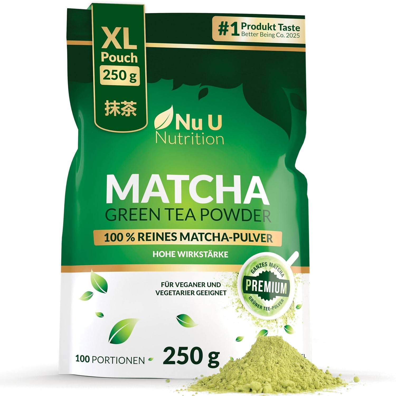 Detalle de Matcha Grüntee Pulver 250 g – Nu U Nutrition, 100 Portionen, Premium Lebensmittelqualität