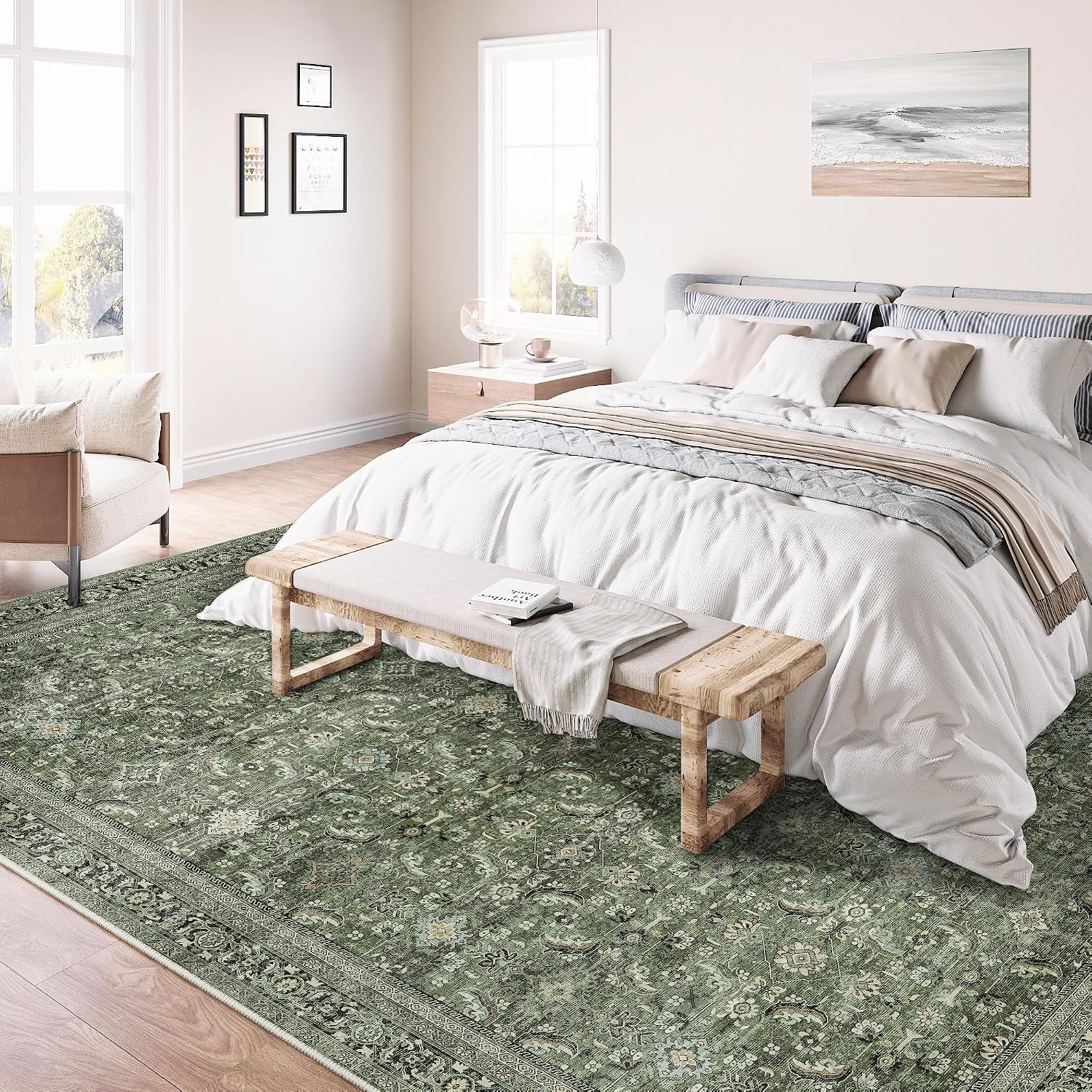Detalle de HUGEAR Vintage Area Rug (Green) 240x300cm – low pile, non-slip, washable