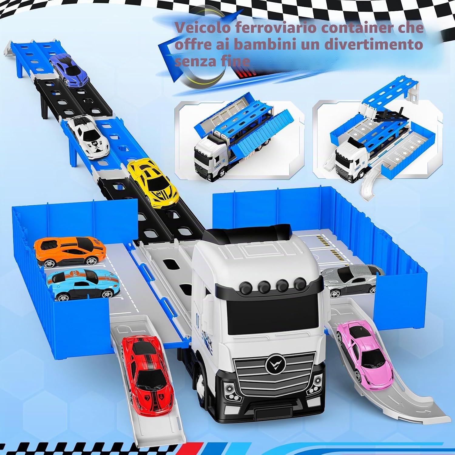 Detalle de EUCOCO Giochi Bambini 2-6 Anni: Truck con Pista Pieghevole e 8 Auto in Metallo, Set di Corse Sicuro e Multifunzionale