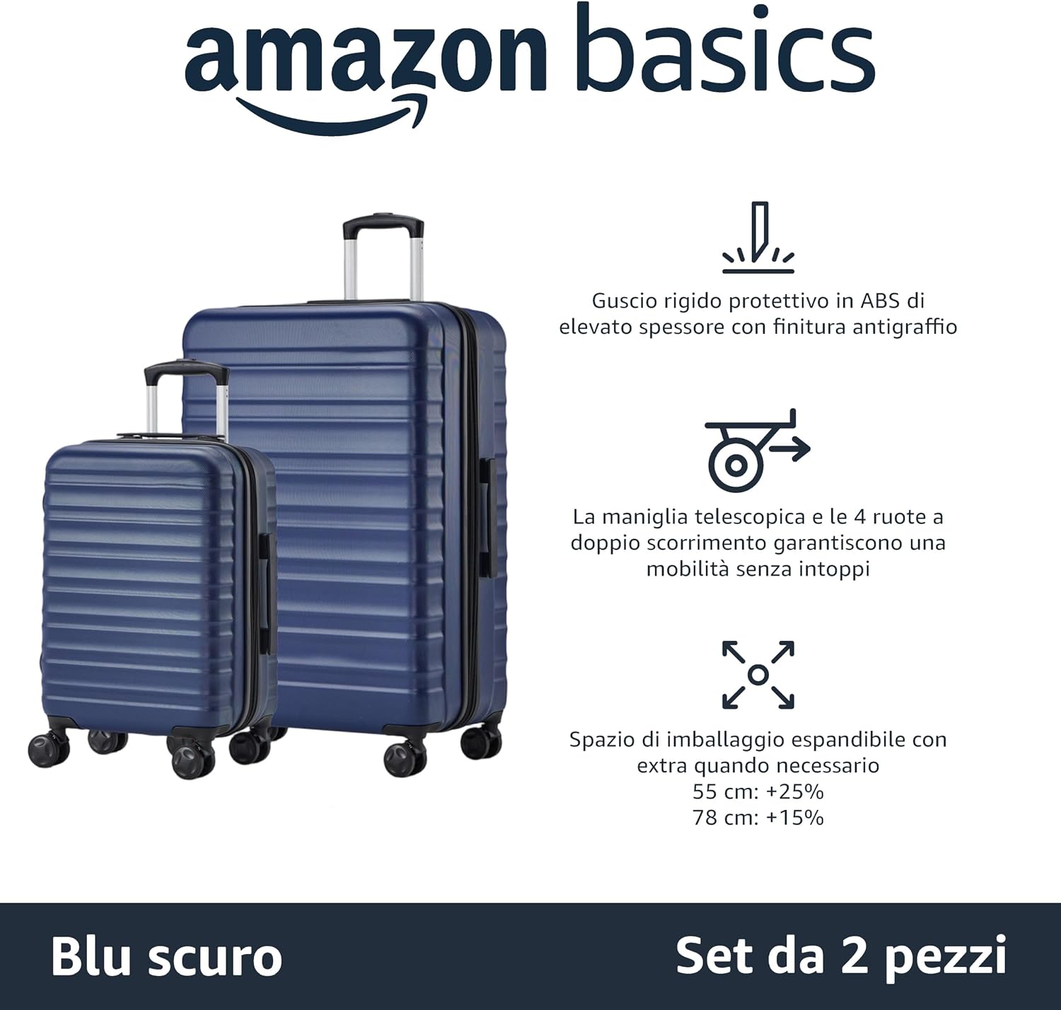 Thumbnail 1 de Amazon Basics Set Valigie Rigide (Piccola + Grande) in ABS Blu Navy – Espandibili e con 4 Ruote Doppie