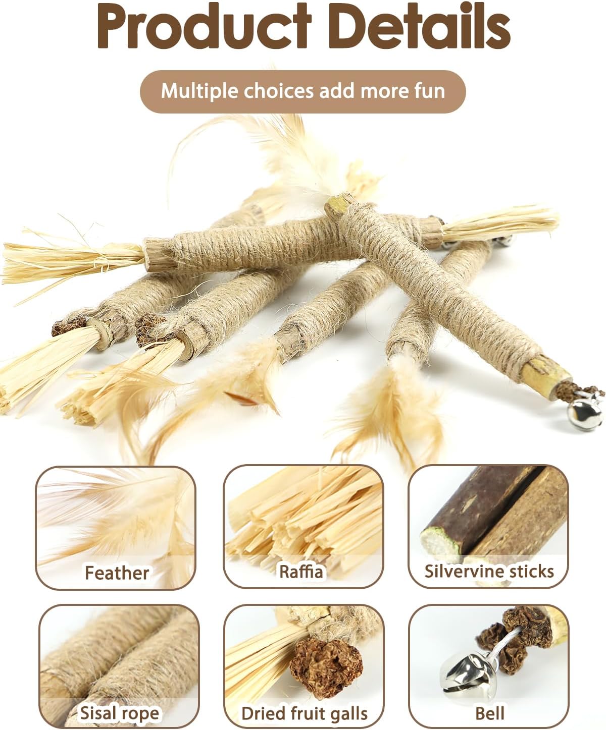 Detalle de Tocirelo Cat Toys 12pack Silvervine Chew Toys with Feathers and Catnip