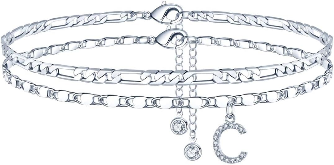 Thumbnail 6 de TINGN Bracelet de cheville pour femme plaqué or 14 carats avec initiales CZ - chaîne double et réglable
