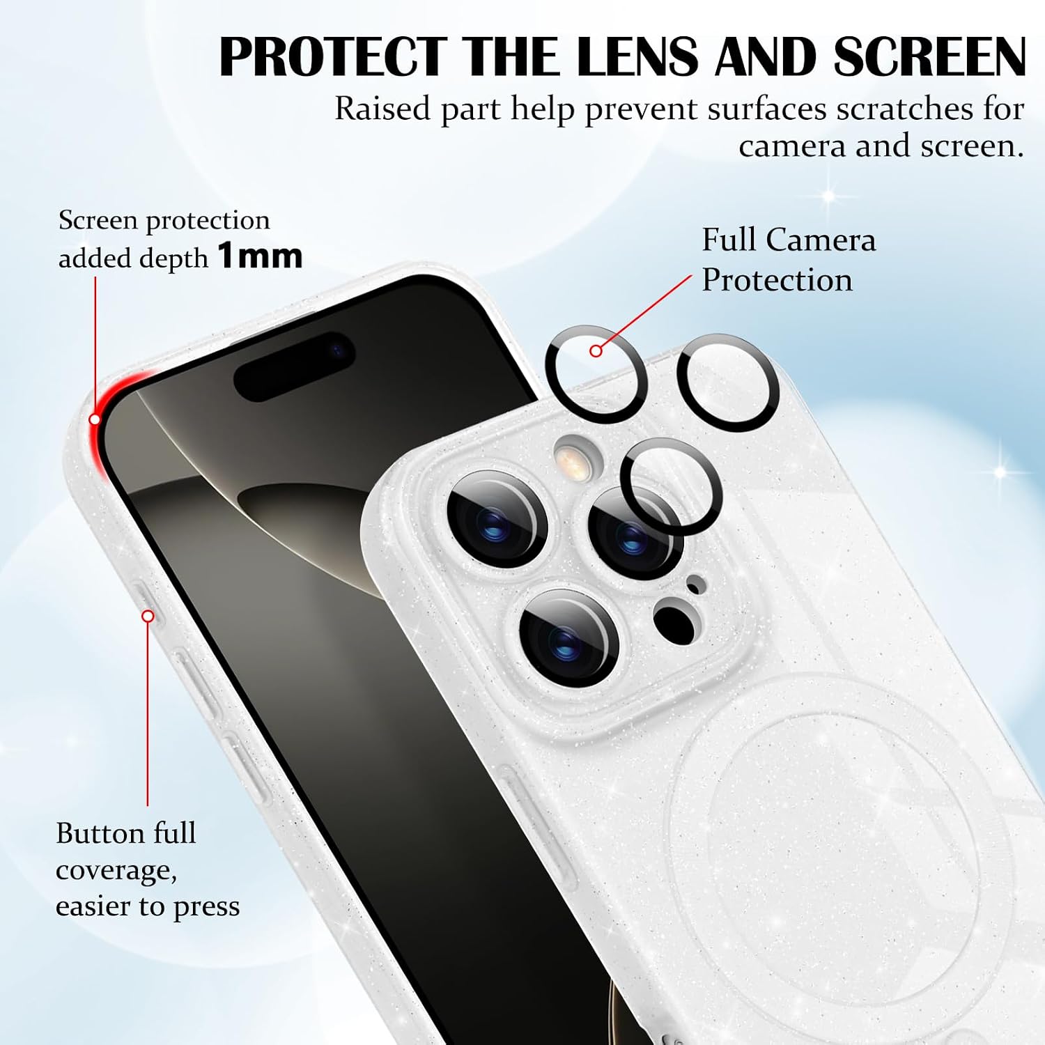 Detalle 2 de Newseego Glitzer Hülle für iPhone 16 Pro (6,3 Zoll) – MagSafe-kompatible TPU-Schutzhülle in Weiß
