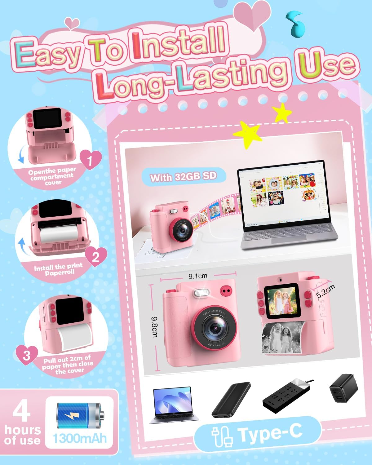 Thumbnail 6 de MYSTILUCK Appareil photo instantané pour enfants 1080P avec carte 32 Go et papier d’impression