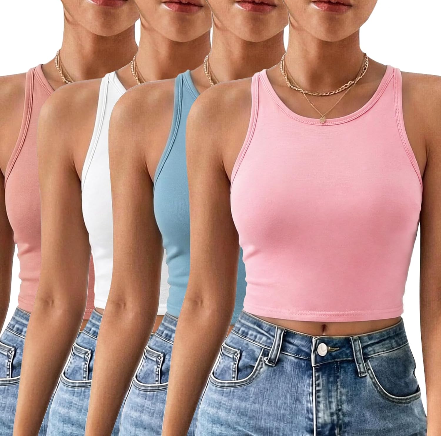 Thumbnail 6 de Kole Meego Women’s Workout Crop Tops 4-Pack (High-Neck Racerback) Stretch Cotton & Spandex