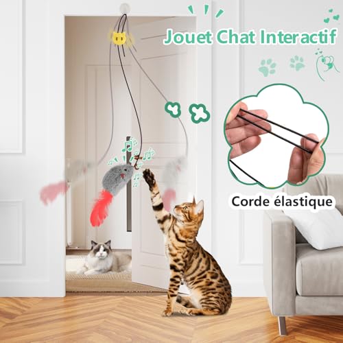 Detalle de FYNIGO - Pack de 2 Souris Suspendues Interactives pour Chat, Sans Piles, Corde Élastique et Plumage