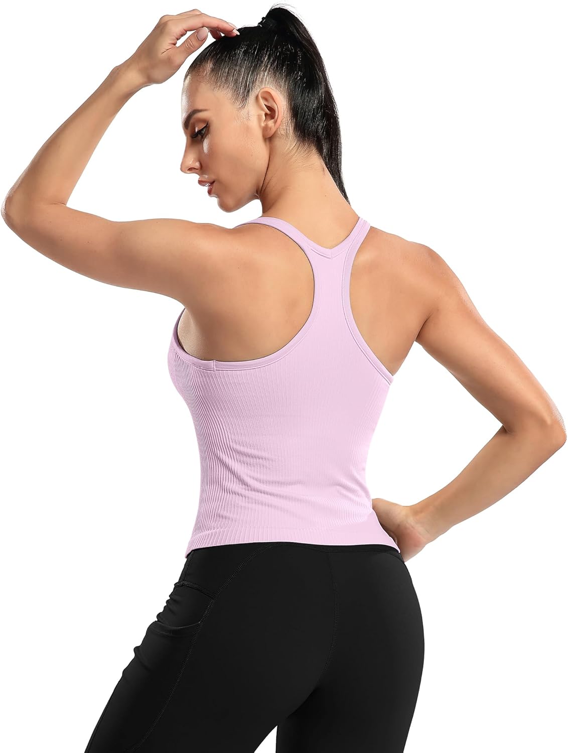 Thumbnail 3 de ATTRACO Women Ribbed Workout Crop Tops with Built in Bra: Yoga Racerback Tank Top