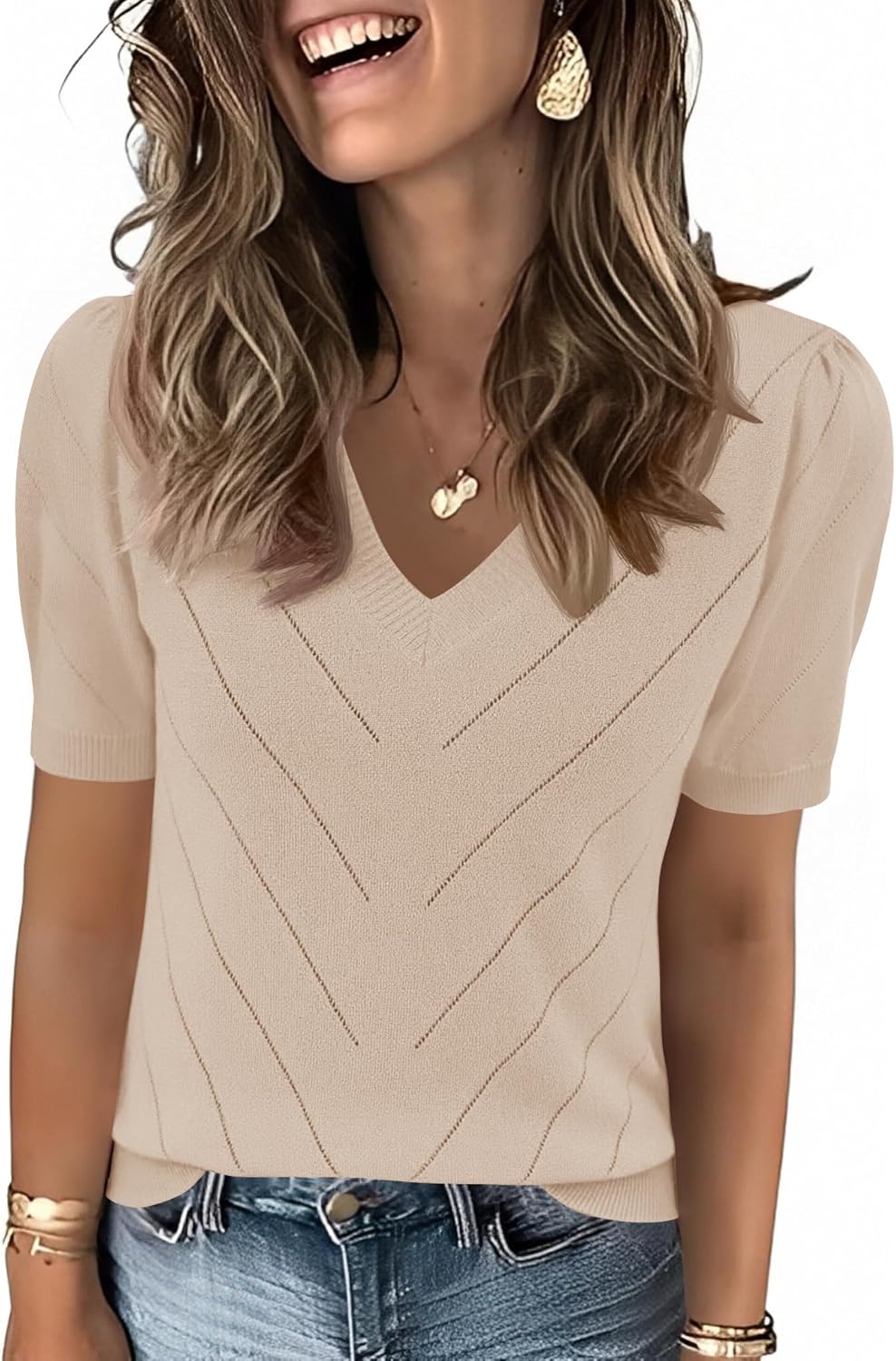 Detalle de LOMON Women's Puff Sleeve Lightweight V-Neck Knit Top — Versatile Summer to Fall Workwear