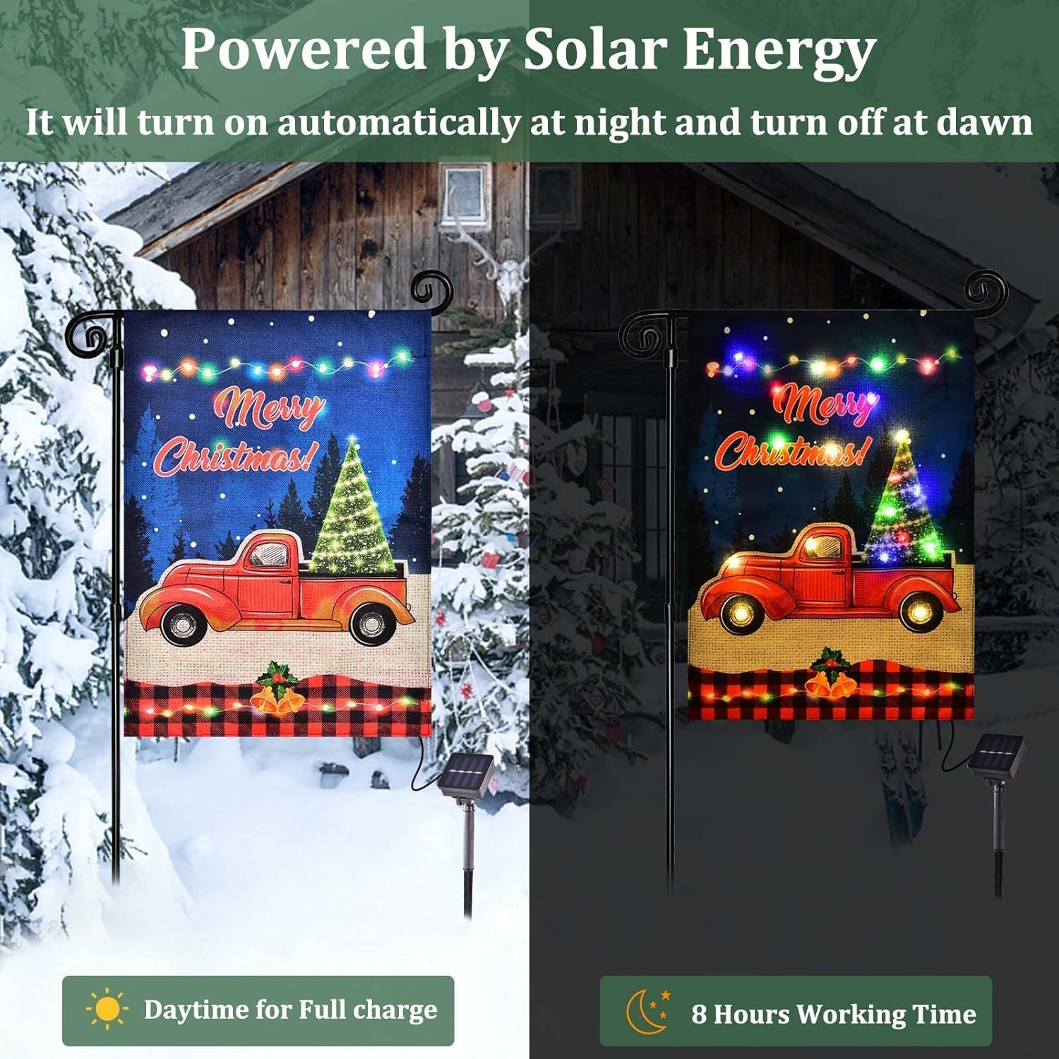 Detalle de FLAGMESAGE 01 Lighted Christmas Truck Garden Flag, Solar, 8 Modes, 12 x 18 In