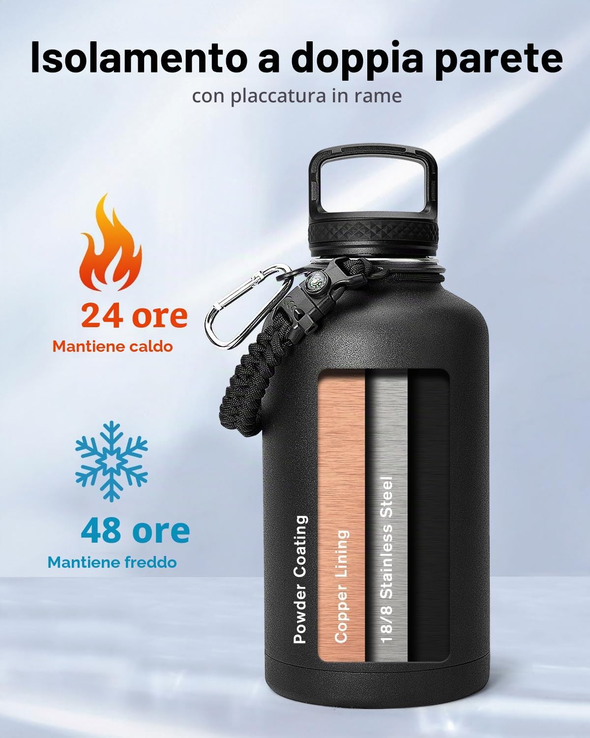 Detalle de Trebo Borraccia Termica 1,8 L con Cannuccia e Paracord — acero inox fredda per 48 ore