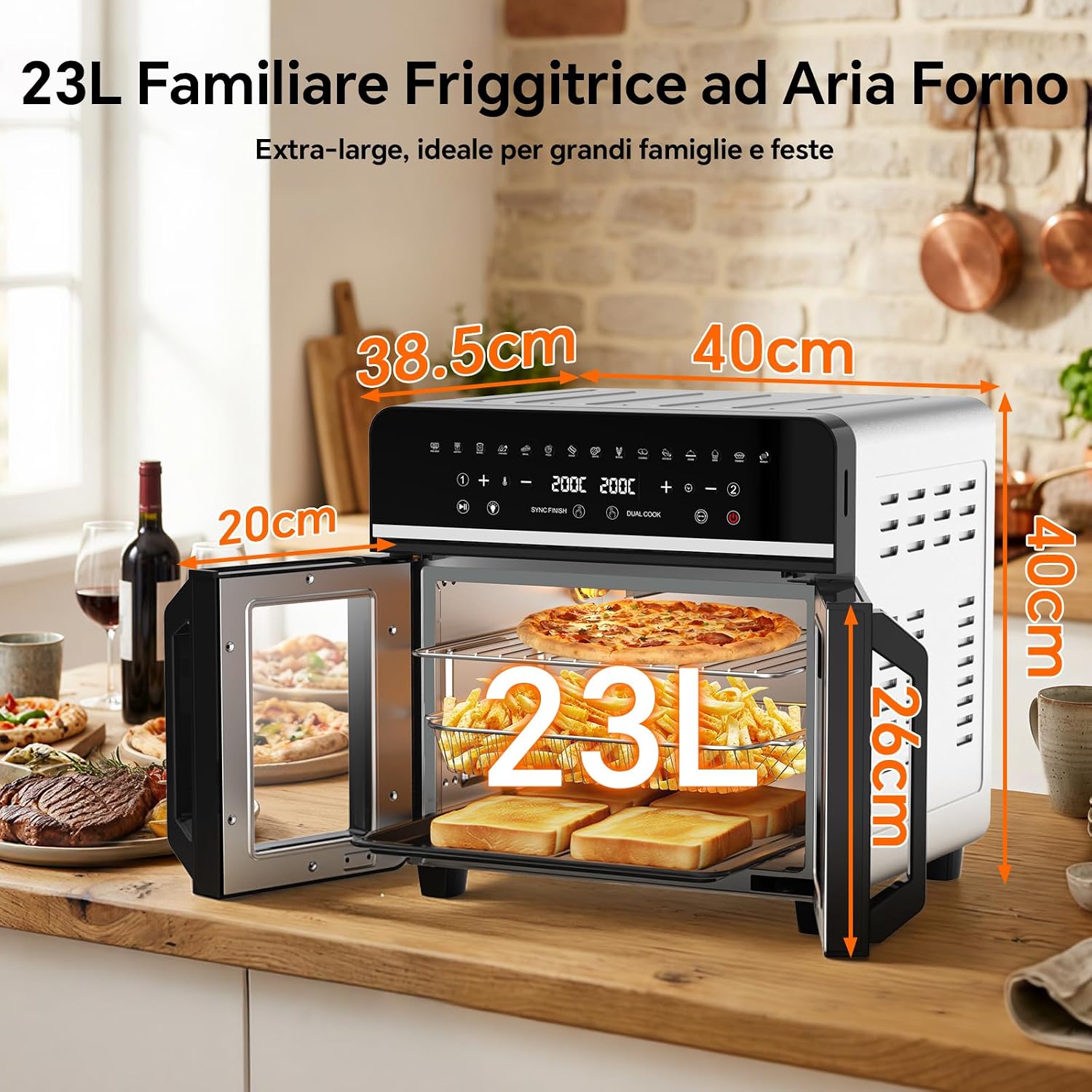 Detalle de Friggitrice ad Aria 23L XXL con Porte alla Francese e Sync Finish – 2600W, 15 programmi, kit accessori