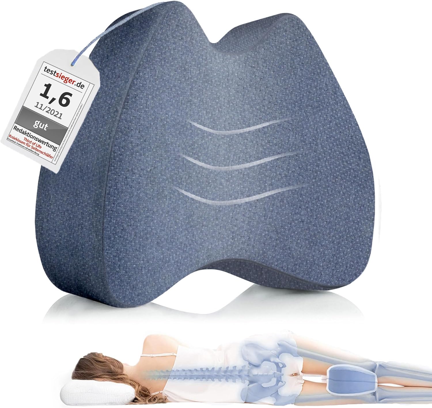 Detalle de Third of Life Kniekissen für Seitenschläfer mit Thermo-Bezug – Ergonomische Beinauflage aus Memory-Schaum