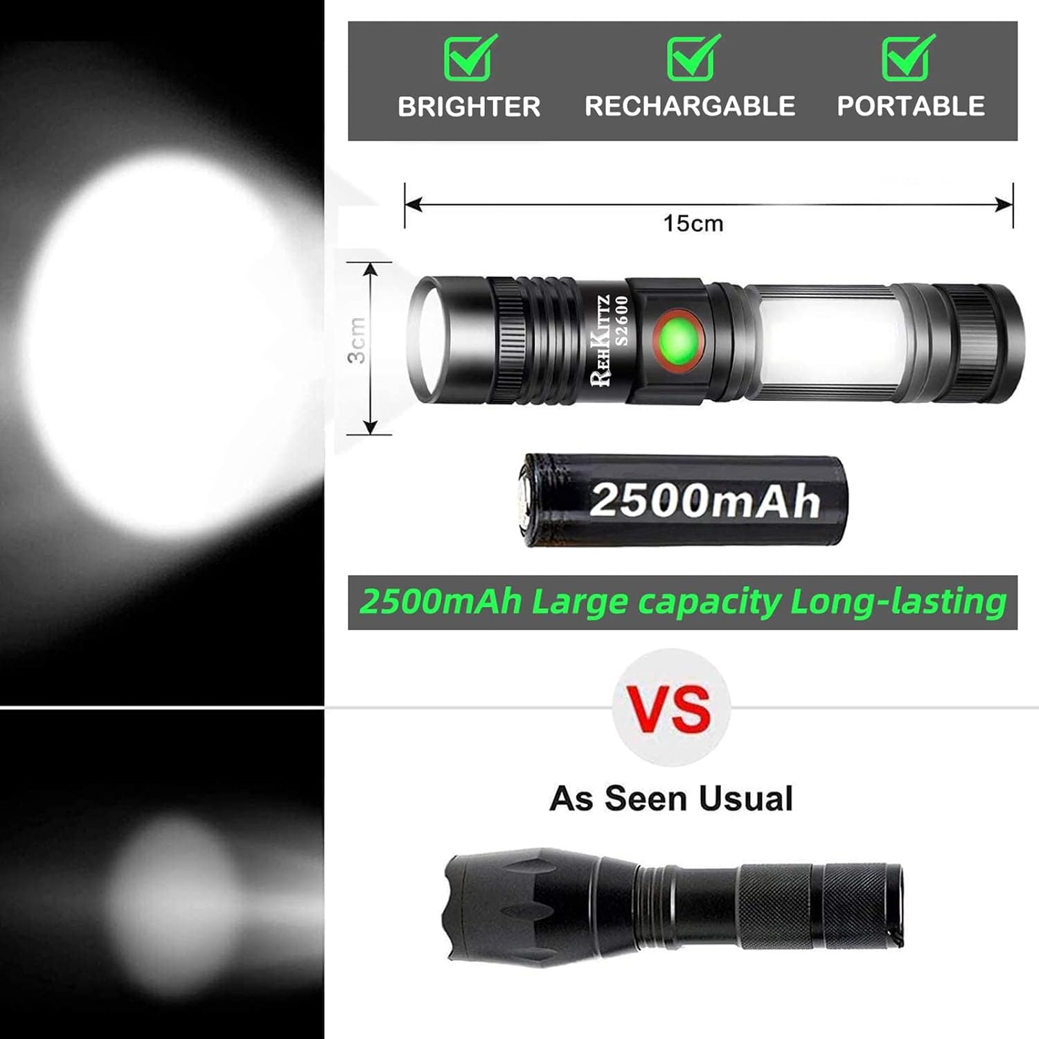 Detalle 2 de REHKITTZ Torch 2000 Lumen rechargeable flashlight