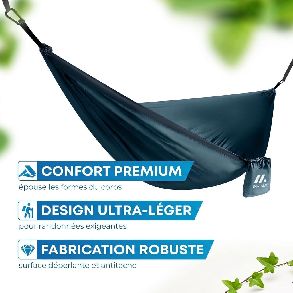 Thumbnail 6 de NORDMUT Hamac Ultra Léger Outdoor avec kit de fixation – 170 x 300 cm, capacité 300 kg, bleu