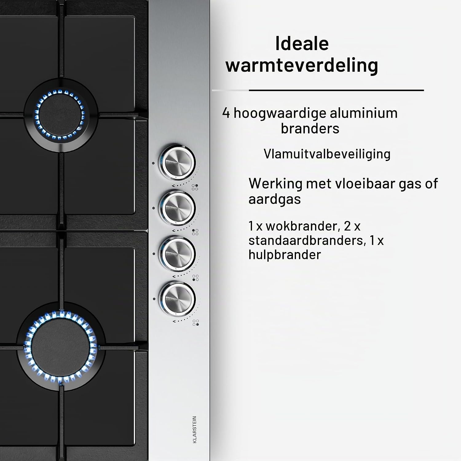 Detalle de KLARSTEIN Verosteel PG6041BG-D1CB gaskookplaat, 60 cm, 4 pitten, 8000 W