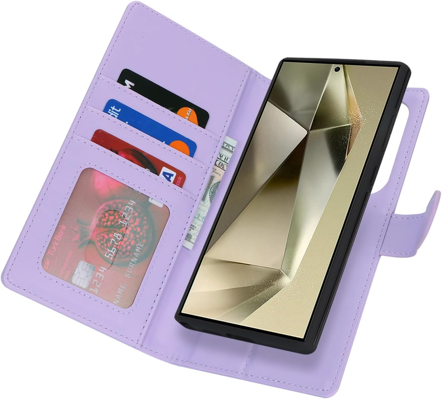 Detalle de Zouzt Case for Samsung Galaxy S24 Ultra: Detachable 2-in-1 Wallet Magnetic Case with Card Holder, Kickstand, and PU Leather — Purple