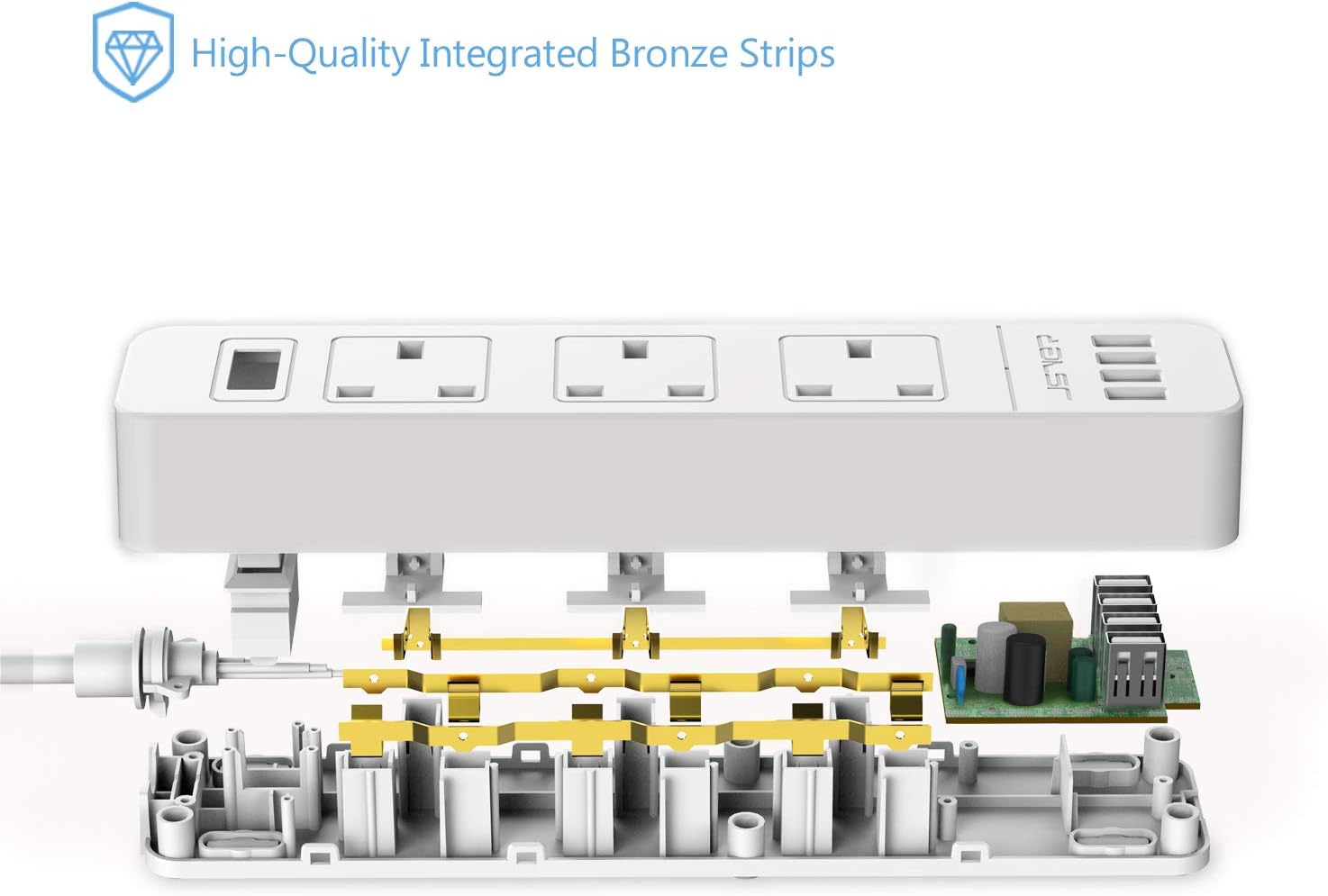 Thumbnail 1 de JSVER Extension Lead USB Power Strip (3 AC sockets, 4 USB ports) with 3m lead – 13A, White