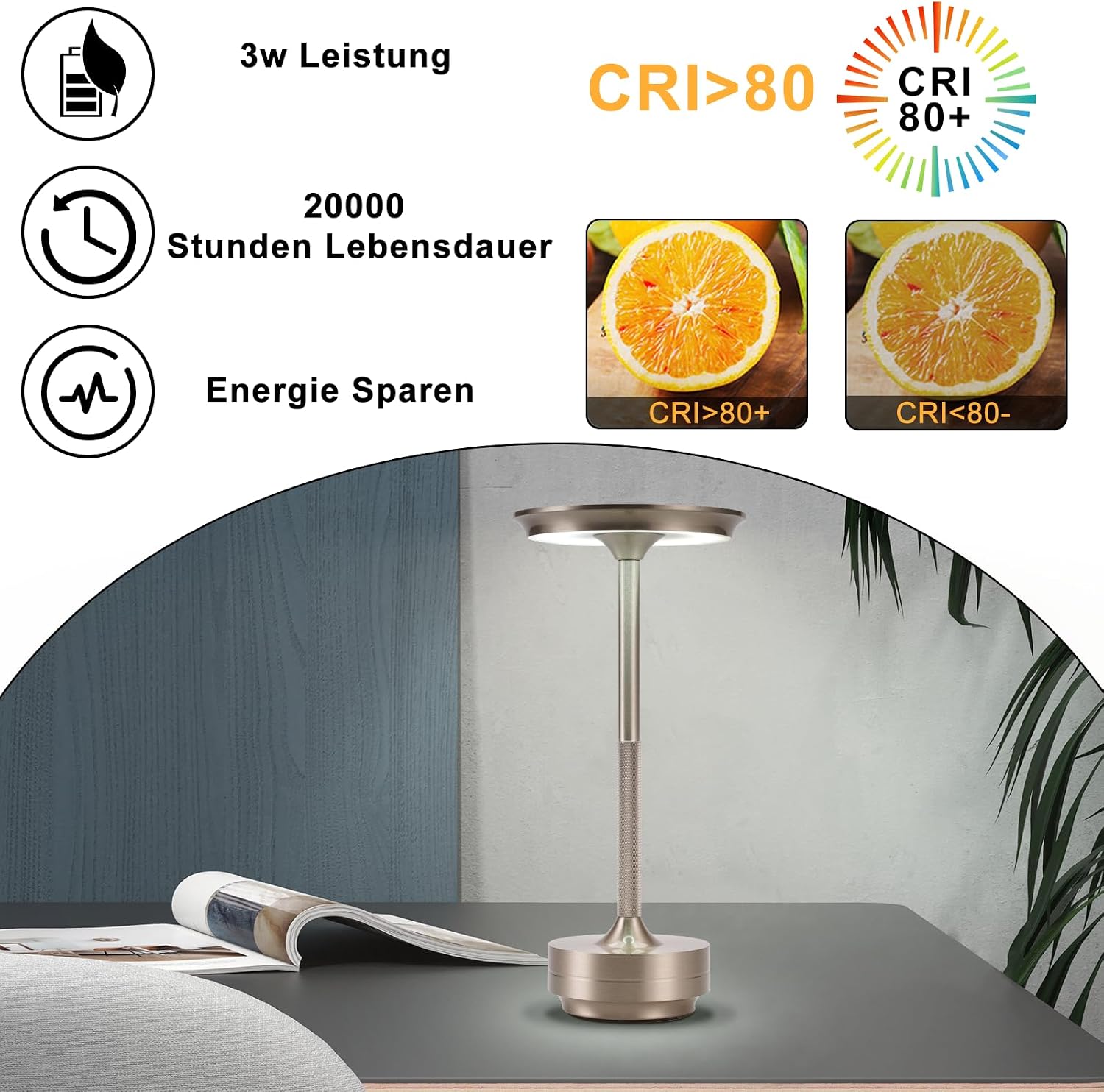 Detalle de meoaow trådlös LED-bordslampa med touch, dimning och USB-C, nickel