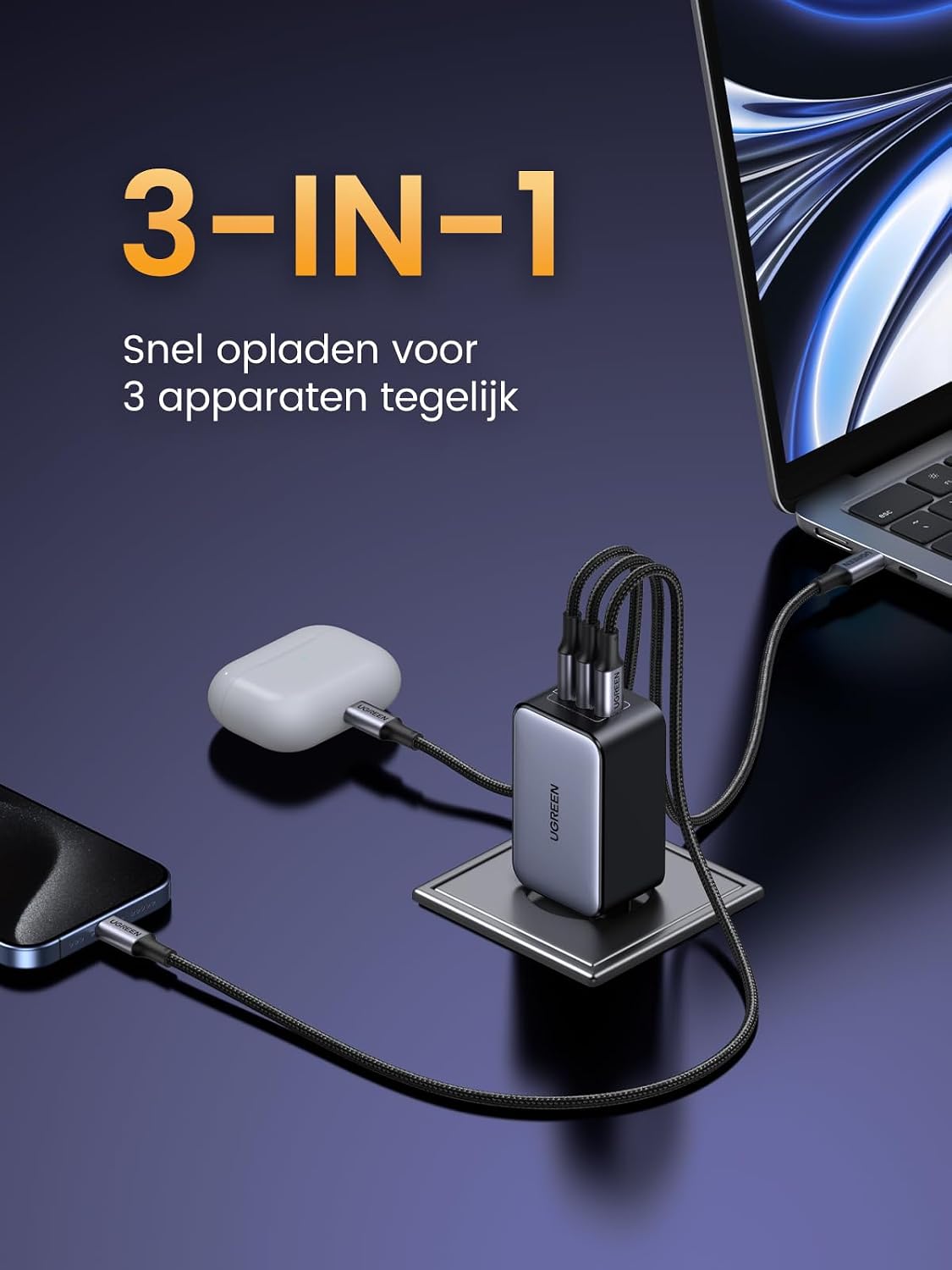 Detalle de UGREEN Nexode 65W USB-C-oplader met 3 poorten en GaN-technologie