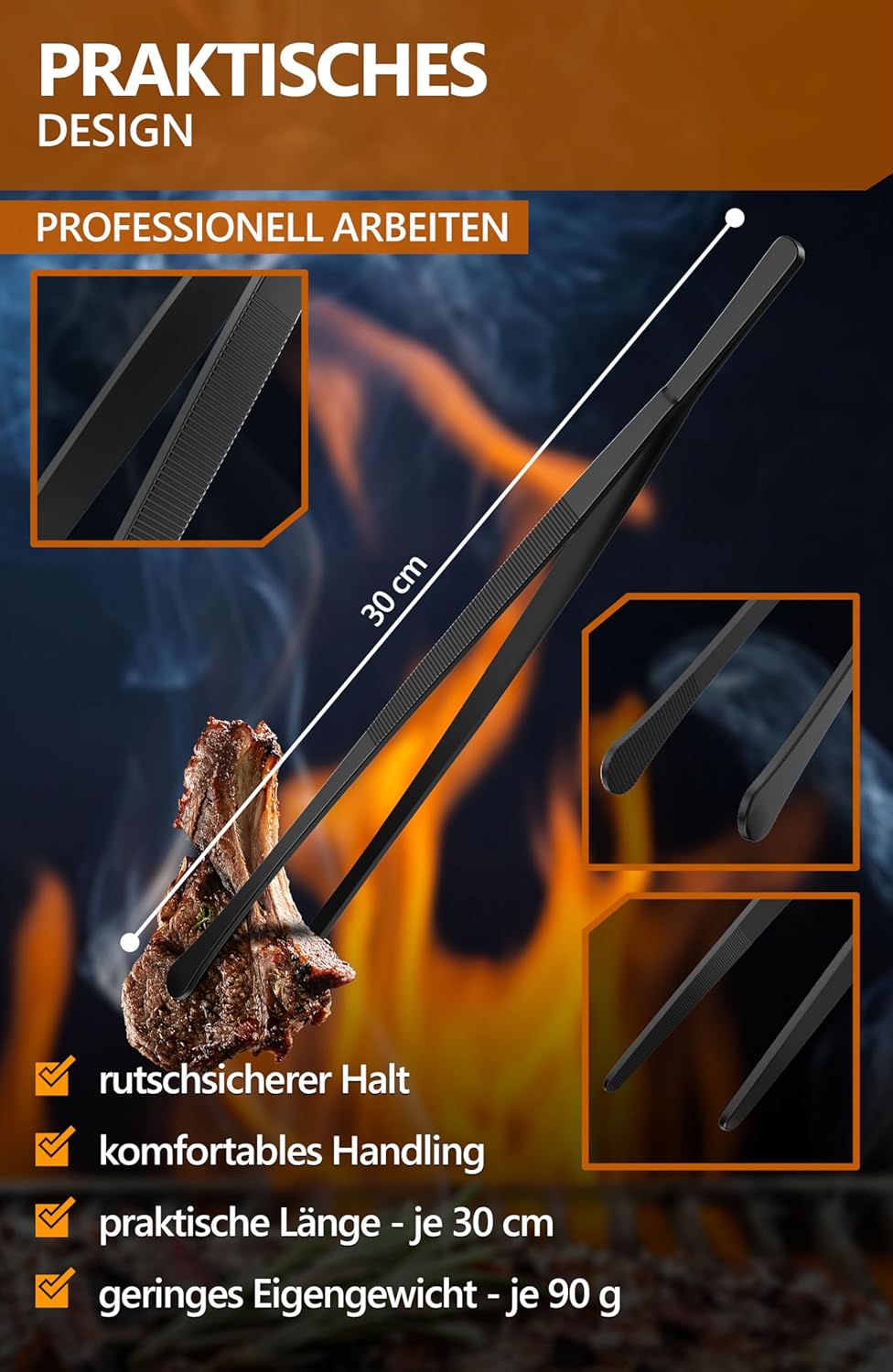 Thumbnail 3 de 4smile Kochpinzette, 2er-Set in Schwarz – Edelstahl-Kochpinzette, 30 cm, Rund & Spitz, zugleich Grillpinzette und Dekorationspinzette