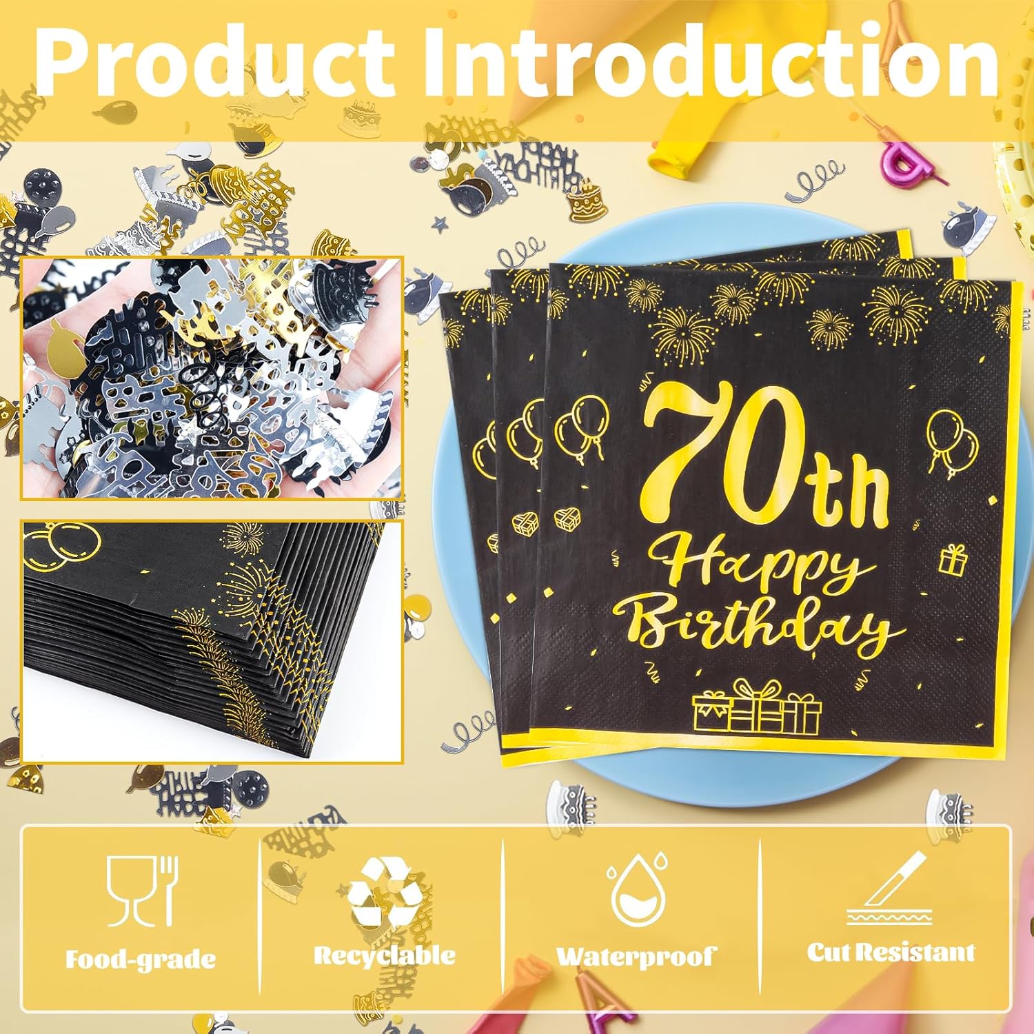 Thumbnail 4 de Yiran 60th Birthday Table Decorations Pack with 20 Black & Gold Napkins and Birthday Confetti