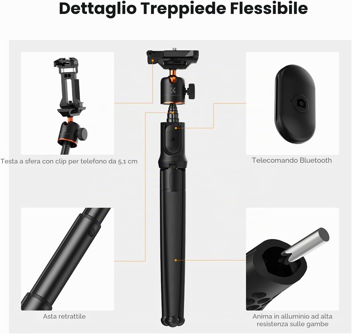 Thumbnail 1 de K&F Concept Treppiede Smartphone MS29: Mini Treppiede Estensibile con Telecomando e Testa a Sfera a 360°