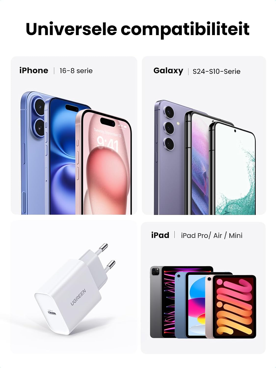 Detalle de UGREEN 20W USB-C-oplader met PD 3.0, één poort en compact ontwerp