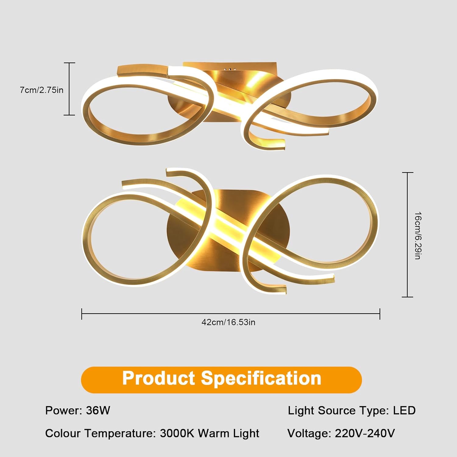 Thumbnail 1 de Riserva LED-Deckenlampe Modern Gold 36 W, 3000 K warmweiß (L42×W16×H7 cm)